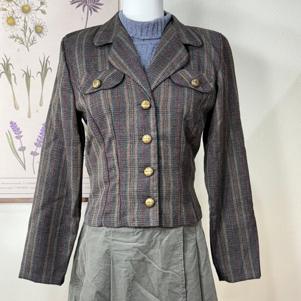 Vintage 90s Brown Plaid Blazer Jacket Retro Mod Twee Dark Academia Heritage XS